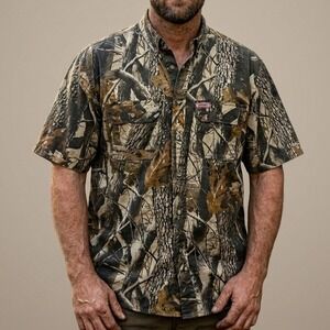 Woolrich Button Down Shirt Mens XL Brown RealTree Camo Short Sleeve Cotton